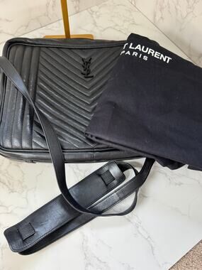 Yves Saint Laurent Large Lou Camera Bag in Black Chevron Calfskin
